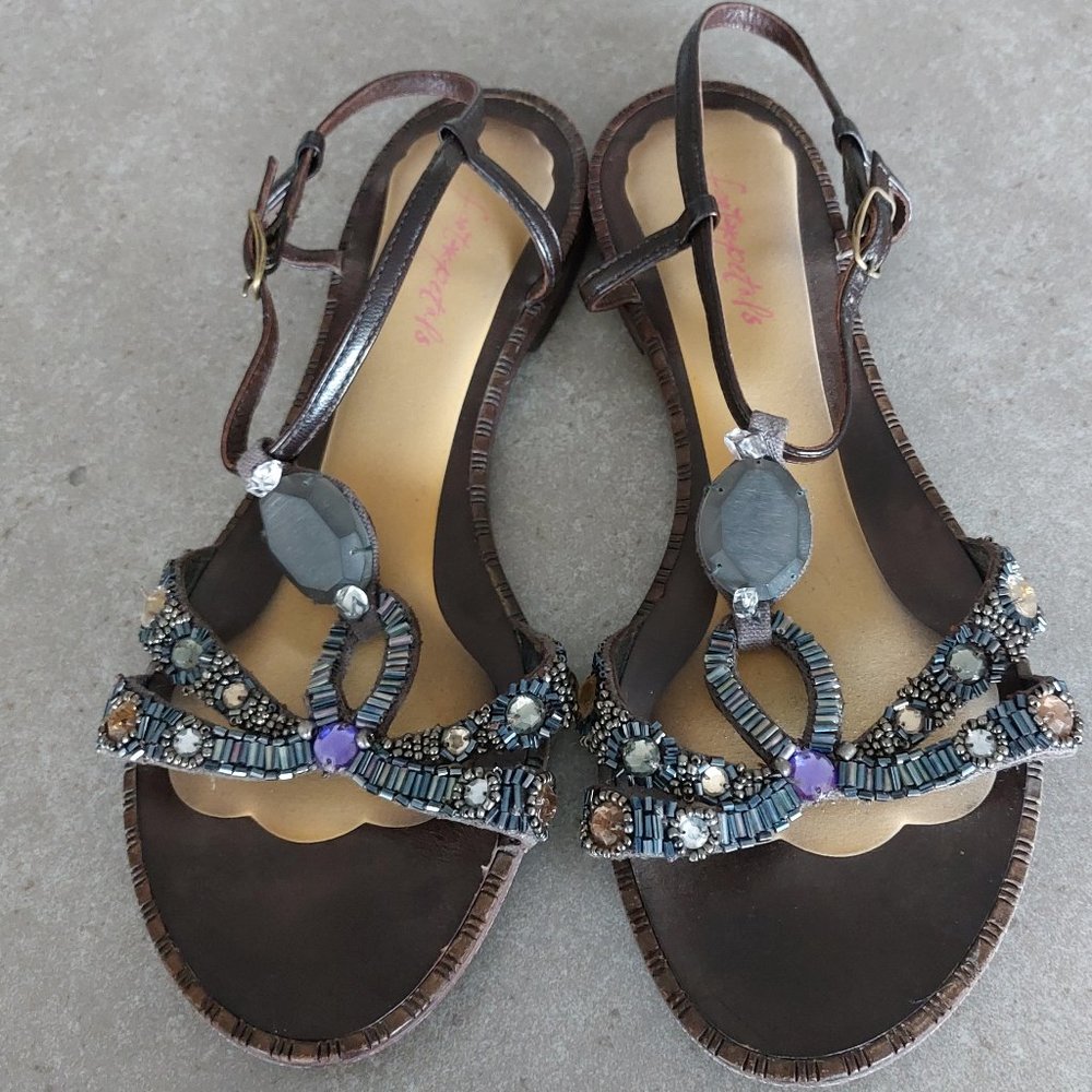 MALIPARMI - Made in Italy Women's Brown Strappy Bejeweled T-Strap Sandals 7.5M